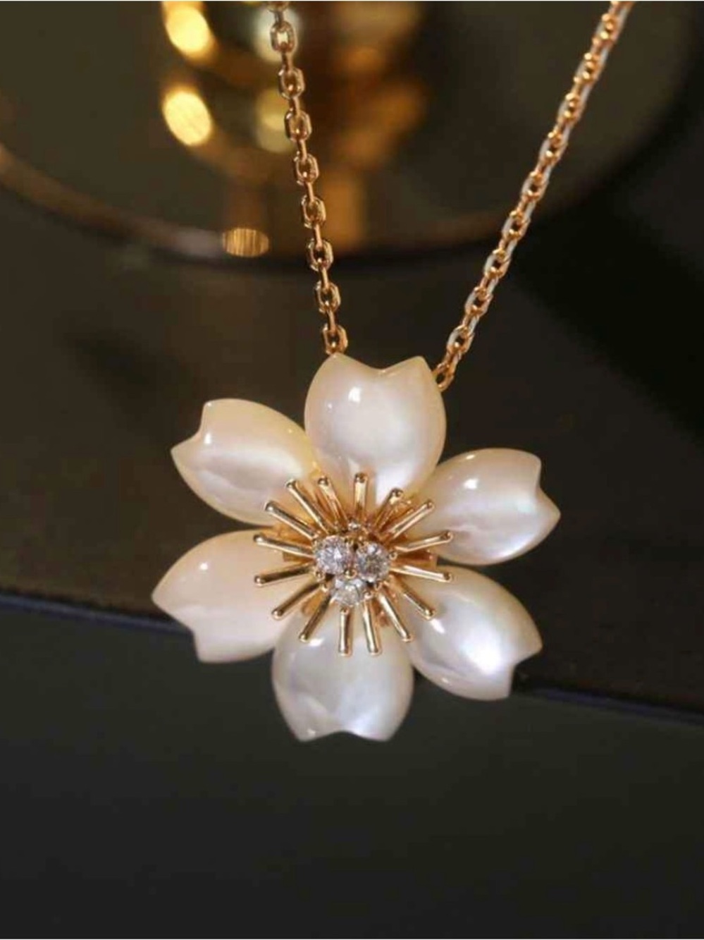 Gold Flower Pendant Necklace with White Mother-of-Pearl Petals